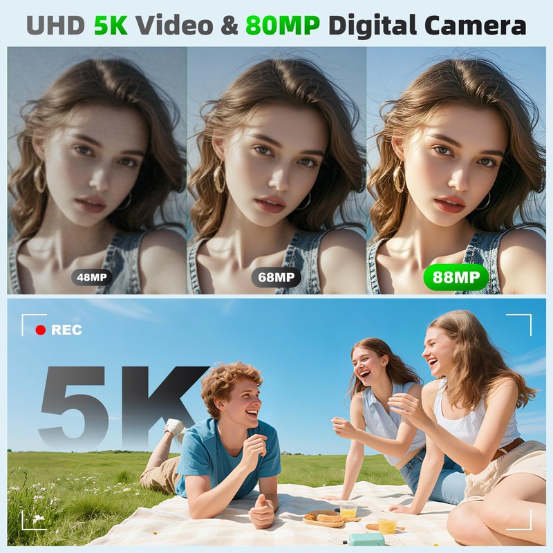 5K 80MP Digital Cameras for Photography with Tripod 2 Batteries