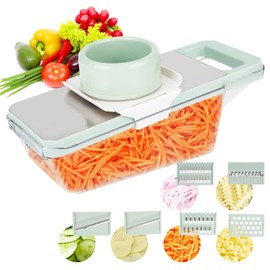 YYTECH Vegetable Slicer Stainless Steel, 7-in-1 Multifunctional Panel Vegetable Slicer, Cucumber Slicer, Thin Slicer, Onion Cutter, Vegetable Chopper Dicer with Drain Basket and 6 Blades