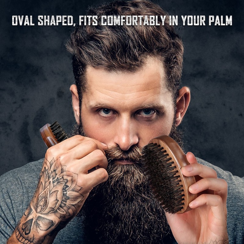 BFWood Boar Bristle Beard Brush, Black Wood Walnut Military Style,