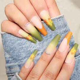 Fall Thanksgiving Press on Nails Long Square Artificial Acrylic Fake Nails with Maple Leaf Rhinestones Design Full Cover Reusable Glossy French False Nails Women DIY Glue on Nails Manicure for Set