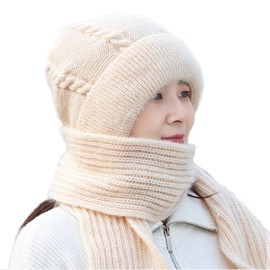 Lopsity Winter Warm Knitted Hat for Women Integrated Ear Protection Windproof Cap Scarf Knitting Thick Winter Knitted Hat for Women 2 in 1 Winter Warm Knitted Hat Scarf (AU, Alpha, Large, Beige)