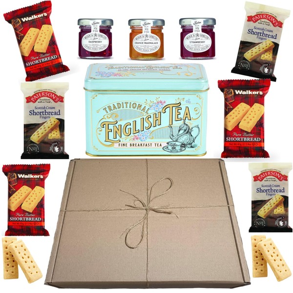 Tea and Shortbread Biscuits Gift Set Afternoon Tea Hamper Pellagio Bundle Contains New English Breakfast Tea, Patersons & Walkers Shortbread Biscuits Fingers with Marmalade, Jams & Preserves