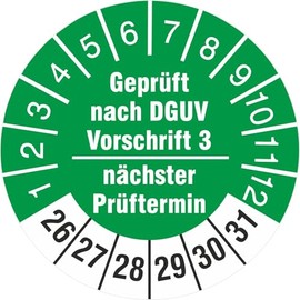 50 pieces next test date tested according to DGUV regulations, 3 test labels, test badges, 18 mm, round, 2026-31