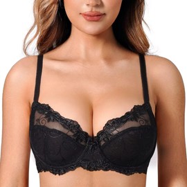 Deyllo Women's Lace Bra Plus Size Underwire Non Padded Unlined Sheer Lace Black