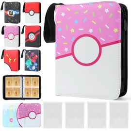 DBPBToU 4 Pocket Card Binder with 400 Pockets Trading Card Sleeves, 50 Pages 400 Pockets Trading Card Binder, Card Collection Binder with Zipper (Pink Circle)