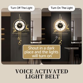 HEBOIX Modern Deer Wall Clock for Living Room,Large Gold Decorative Wall Clock with Light,Creative Silent Clock Battery Operated for Kitchen/Entryway/Bedroom/Office/Dinning Room Metal Wall Decor