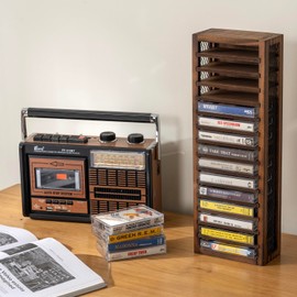 FARM IN Cassette Tape Storage, Farmhouse Style Cassette Rack Tower, Single-Sided 16-Slot, Rustic Solid Burnt Wood & Diamond Metal Wire Mesh