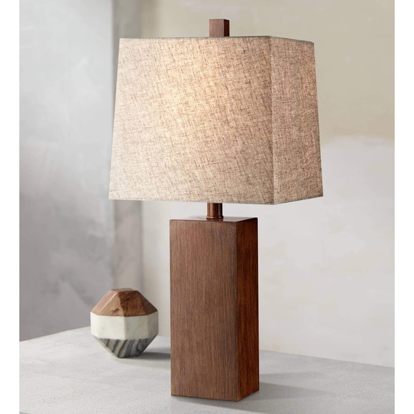 Darryl Modern Contemporary Rustic Table Lamp 23" High Rectangular Block Wood Textured Tan Fabric Shade Decor for Living Room Bedroom House Bedside Nightstand Home Office Reading - 360 Lighting
