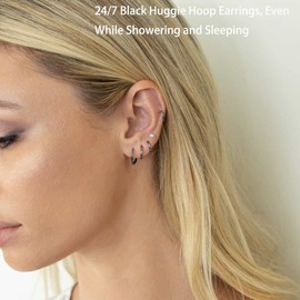 Small Black Hoop Earrings Leightweight: Hinged Huggie Hoop Earrings for Lobe Cartilage Helix Tiny Hoops Earrings in Black for Women Men (Set of 1-5 Pairs) (5 Pairs - 6mm/7mm/8mm/9mm/10mm, Black)