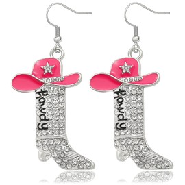 Rhinestone Western Boots Independence Earring Cowgirl Cowboy Enamel Hat Bohemian Rodeo Boot Drop Dangle Ear rings for Women,Clear Crystal,Star RoseRed Hat