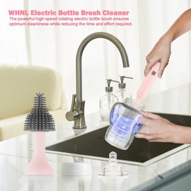 WHNL Electric Baby Bottle Cleaner Kit with Rechargeable Electric Bottle Brush Cleaner, 3 Piece Silicone Bottle Brush and Straw Brush, Multipurpose Automatic Bottle Cleaner, Pink