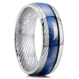 King Will Titanium Wedding Band for Men-8mm Dome Titanium Men Ring with Blue Maple Wood Inlay and Inner Plating Damascus Texture, Wooden Wedding Band Ring for Men Women Comfort Fit Size 11.5