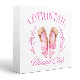 Pink Bunny Decor Easter Decorations Easter Decor Pink Bow Decor Home Farmhouse Office Bedroom Dining Room Decor Rustic Rabbit Wooden Box Block Plaque Wooden Box Sign for Desk Table Bookshelf Tabletop