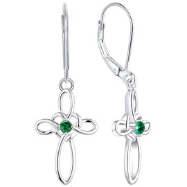 YL Celtic Knot Cross Earrings Sterling Silver Dangle Drop Earrings Created Emerald Religious Leverback Jewelry for Women