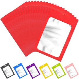 100 Pcs Resealable Mylar Bags with Clear Window Packaging Bags Foil Pouch Zipper Bag for Food Self Sealing Storage Supplies (4.72x7.87 inches, Red)