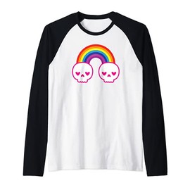 Colorful Kawaii Cute Rainbow Skulls with Heart Shape Eyes Raglan Baseball Tee