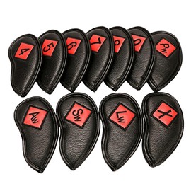 F Fityle 11Pieces Waterproof Leather Golf Iron Head Covers Set Club Headcover with Number Applique for Easy Recognition Sticker Closure Protection Accessory - Black+Red