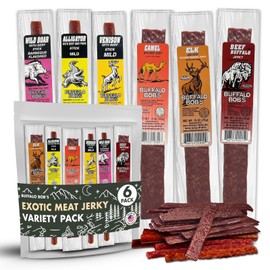 Buffalo Bob's Wild Game Meat Snacks (6 Pack), Beef Jerky Variety Gift Set, Exotic Assortment Sampler Pack, Assorted Gift Snacks for Men/Dad/Father, Wild Boar, Jerky Sampler, Elk Jerky For Humans