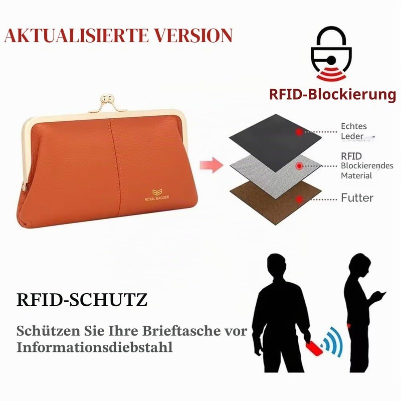 Royal Bagger RFID Kiss Lock Wallet, Solid Colour Multi-Card Slots