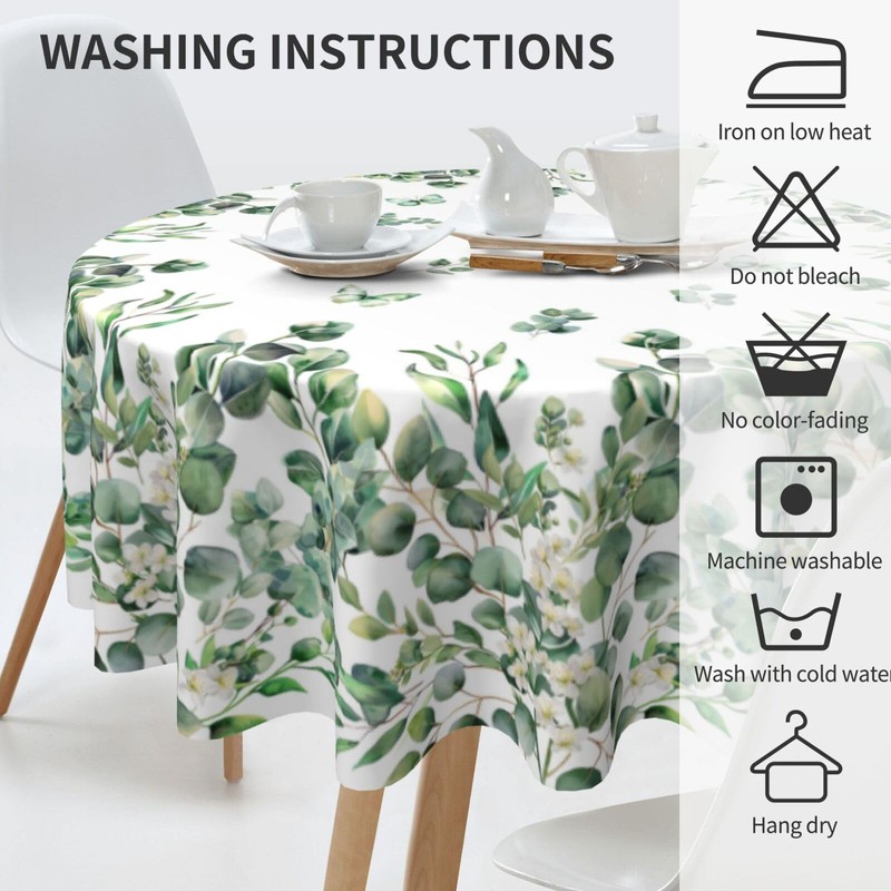 KiuLoam Spring Tablecloth Round 60 Inch Sage Green Eucalyptus Leaf