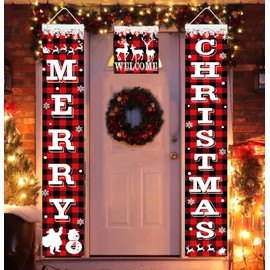 Christmas Decorations,3 Pack vivid Merry Christmas Banner Porch Sign Xmas Porch Door Signs Welcome Banners For Indoor Outdoor Wall Christmas Decoration Indoor