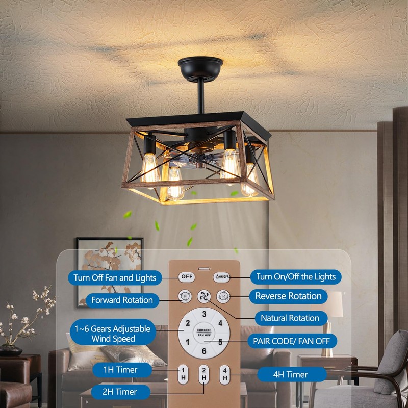 Dalouguan Farmhouse Ceiling Fan with Light, 4-Light Walnut Caged Ceiling