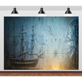 CORFOTO Old Sailboat Ancient Map Backdrop Fabric 5x4ft Vintage Compass Historical Pirate Nautical Compass Ancient Map Background for Navigation Travel Birthday Party Decorations Adventure Props
