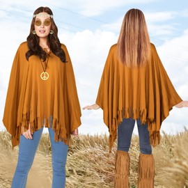 BITOWO Hippie Costume Set Including Hippie Poncho Peace Sign Necklace Earrings Headband Hippie Sunglasses 60s 70s Clothing Accessories for Women (Brown)