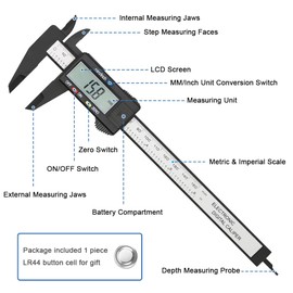Mesee LCD Display Digital Caliper Measuring Tool Precision Electronic Vernier Calipers Metric Sliding Gauge Ruler Micrometer Millimeter Fraction Conversion 150mm/0-6 Inch Pipe Measurement Tools