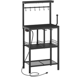 YATINEY Bakers Rack with Power Outlet, Microwave Stand with Paper Holder, Coffee Bar Table with Wine Glass Holder, 4-Tier Kitchen Storage Rack for Dining Room, Living Room, Black HB02UBB