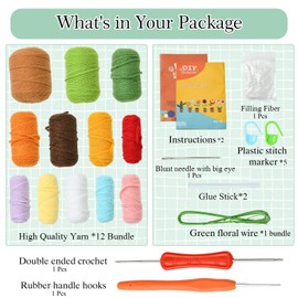 Ipotkitt - Juego de 1 juego de hilo de lana colorido, kit de ganchillo de flores, cactus rosado, kit de tejer bonito con tutoriales paso a paso para hacer bricolaje
