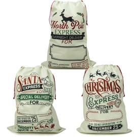 3 bolsas de Navidad grandes con cordón, 27.5 x 19.5 pulgadas, almacenamiento de lona reutilizable para regalos de día festivo y recuerdos de fiesta (StyleC-3 piezas)
