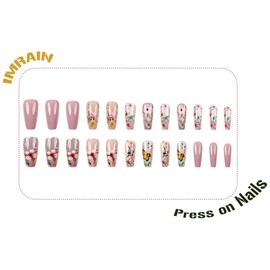 IMRAIN Flower Press on Nails Long Square Fake Nails with Floral & Butterfly Design Spring Pink False Nails Glossy Ballerina Glue on Nails Full Cover Stick on Nails for Women Girls 24Pcs