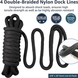 Dock Lines 3/8" x 20' Double Braided Nylon Boat Dock Lines Pre-spliced with a 12" Loop, Marine-Grade Boat Ropes for Docking, 3/8" Dock Lines for Boat, Boat Lines Dock Rope, Premium Marine Rope(4 Pack)