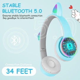 AXFEE Children's Headphones, Bluetooth, Girls' Cat Ear Headphones, Over-Ear with LED Light, Foldable Stereo Headphones, Wireless, Headphones Children with Microphone, Micro SD/TF for Mobile