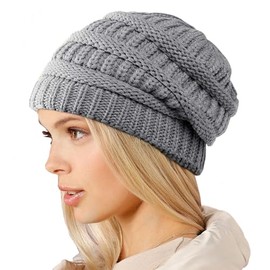 Minicoco Ladies Warm Slouch Knit Winter Beanie Hat with Super Soft Velour Thermal Lining Ski Cap Winter Warm Chunky Cable Knit Cap (UK, Alpha, One Size, Light Grey)