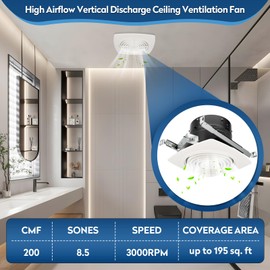 505 Bathroom Exhaust Fan, 8 Inch Fan with 200 CFM, White Vertical Discharge Ceiling Ventilation Fan, Bathroom Vent and Kitchen Exhaust Fan, Attic and Garage Ceiling Fan, Household Ventilation Fans