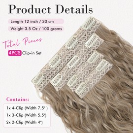 REECHO Clip in Hair Extensions, 4PCS Hair Extensions 12" Short Curly Wavy Blonde hair extensions Invisible Lace Weft Natural Soft Hairpieces for Women – Light Ash Brown with Highlights