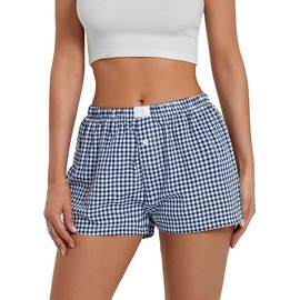 Women's Lounge Shorts Cute Soft Elastic Low Waist Plaid Print Button Front Pajama Bottoms Boxer Shorts Sleepwear Blue