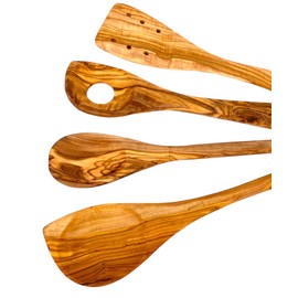 Balna Olive Wood Kitchen Set, 4 Pieces, 3 Wooden Cooking Spoons and 1 Spatula with Holes