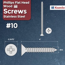Kozelo 10pcs Phillips Flat Head Wood Screws - [#10x4"] 304 Stainless Steel Countersunk Self Tapping Screws for Furniture Assembly, Interior Trim, Outdoor Construction, Silver