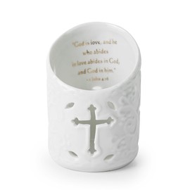DreamsEden Christian Cross Tea Light Holder Ceramic Candle Holder with Bible Verse Tealight Cup Votive Candle Hold for Wedding Home Decor (Love)