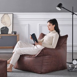 Bean Bag Chair Bean Bag Cover Luxury Single Lazy Sofa Cover PU Faux Suede Leather Bean Bag Pouf Chair for Bedroom Living Room Garden, Without Filling Bean Bag Cover (Color : Retro Brown)