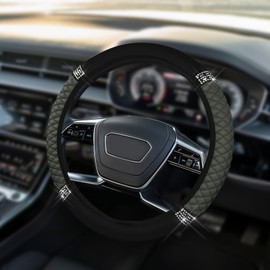 HQRNYP Bling Soft Leather Steering Wheel Cover, Steering Wheel Protector, 15 Inch Colorful Rhinestones Elastic Auto Protector, Anti-Slip Diamond Leather Car Accessories Fit Women Girls (Gray)