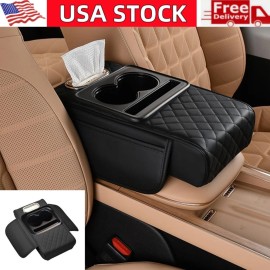 Unbranded Car Center Console Cover Leather Armrest Cushion with Cup Holder & Tissue Box