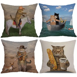 NYDECOR Cat Throw Pillow Covers Cat Cowboy on a Horse Pillow Cover Funny Two Brave Cats Pillow Cases Animal Kitty Pillowcase Cotton Linen Cushion Cover for Couch Sofa Bed 18x18 Set of 4