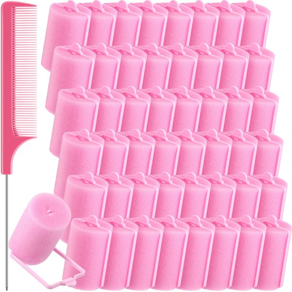 48 Pieces Foam Sponge Hair Rollers, Soft Sleeping Hair Curler Flexible Hair Styling Sponge Curler, and Stainless Steel Rat Tail Comb for Hair Styling (1.57 inch/ 4.0 cm, Pink and Dark Pink)
