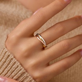 18K Gold Plated Interlocking Fidget Anxiety Ring 925 Sterling Silver Stackble Rings for Women Spinner Ring Minimalist Trendy Triple Knuckle Rings Jewelry Birthday Graduation Gifts (Multicolor, 7)