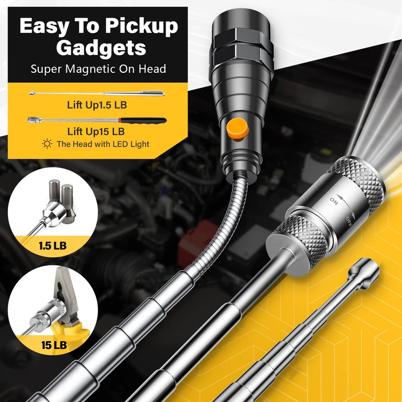 Magnetic Pickup Tool Set with 15lb&1lb Pick Up Rod, Round&Square