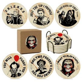 Horror Movie Coasters for Drinks,6PCS Spooky Coasters Set with Coaster Holder,Stone&Cork Coasters for Coffee Table,Scary Killer Coasters for Home Decor,Merchandise Show Gifts